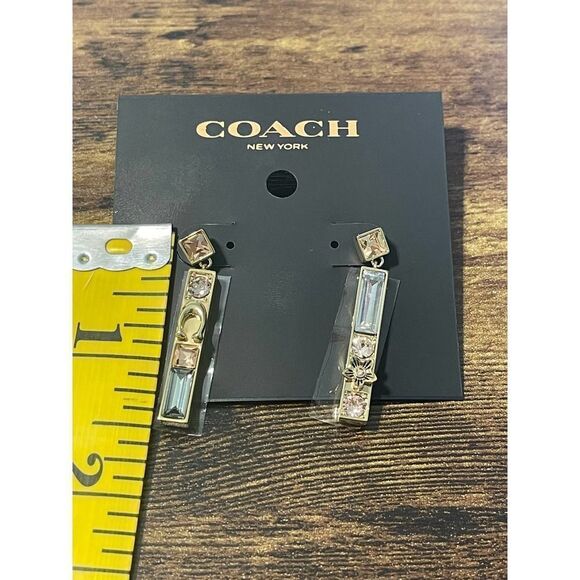 Women's Coach Crystal Gemstone Dangle Bar Earrings Gold Signature C Statement - Picture 8 of 11